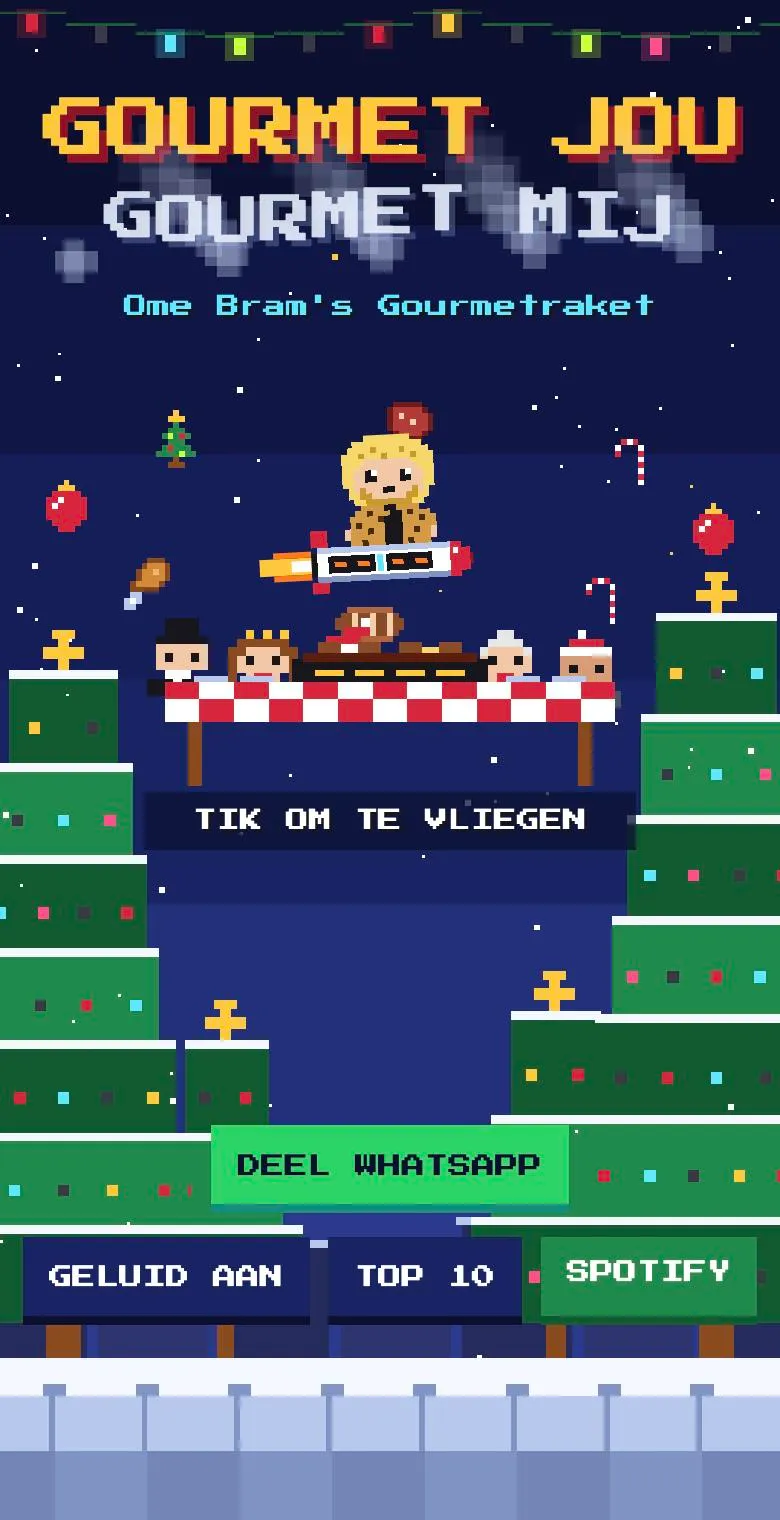 Startscherm van het Gourmet Jou-spel: Ome Bram op de gourmetraket boven de kersttafel